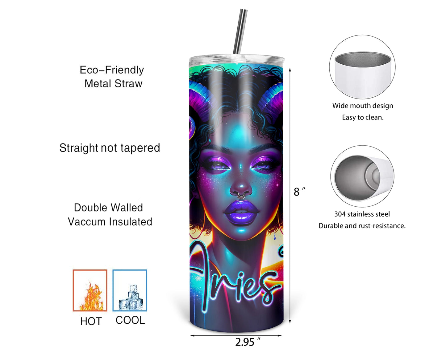 Aries Girl Tumbler / Horoscope Tumbler With Straw /  Zodiac Sign Tumbler / Gift For Astrology Lovers