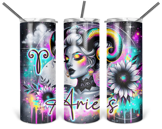 Aries Born to Blaze 20 oz tumbler shown from three angles with silver-haired woman with rainbow ram horns and celestial flowers