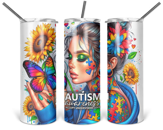 Three views of the 20 oz tumbler featuring Accept Understand Love autism artwork with a woman, sunflowers, and rainbow butterfly on a white background