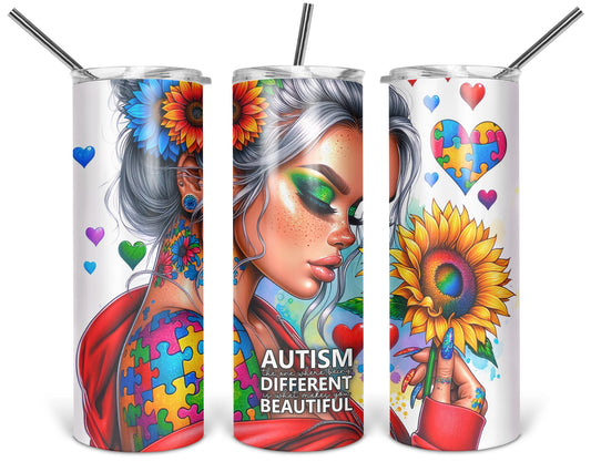 Three views of the 20 oz tumbler featuring Beautiful Minds autism acceptance artwork with a woman, rainbow hearts, and sunflowers on a white background