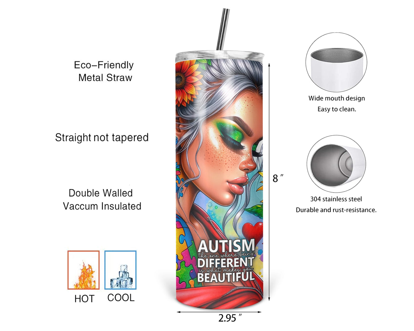 Different Is Beautiful / 20oz Autism Awareness Tumbler With Straw / Gift For Her