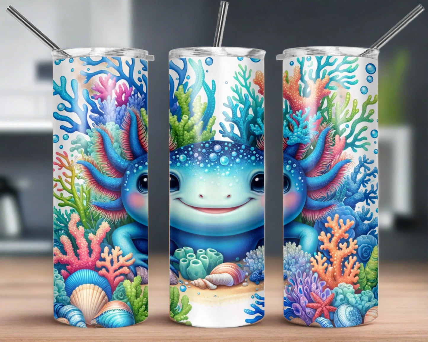  20oz tumbler featuring a cute axolotl in a vibrant underwater scene