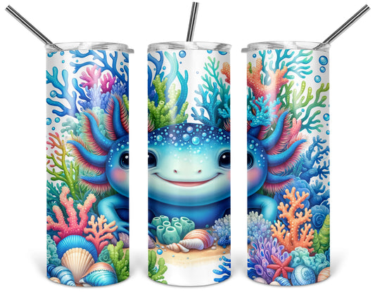 A Lotl Underwater Magic 20 oz tumbler shown from three angles with blue axolotl with bright coral and seashells