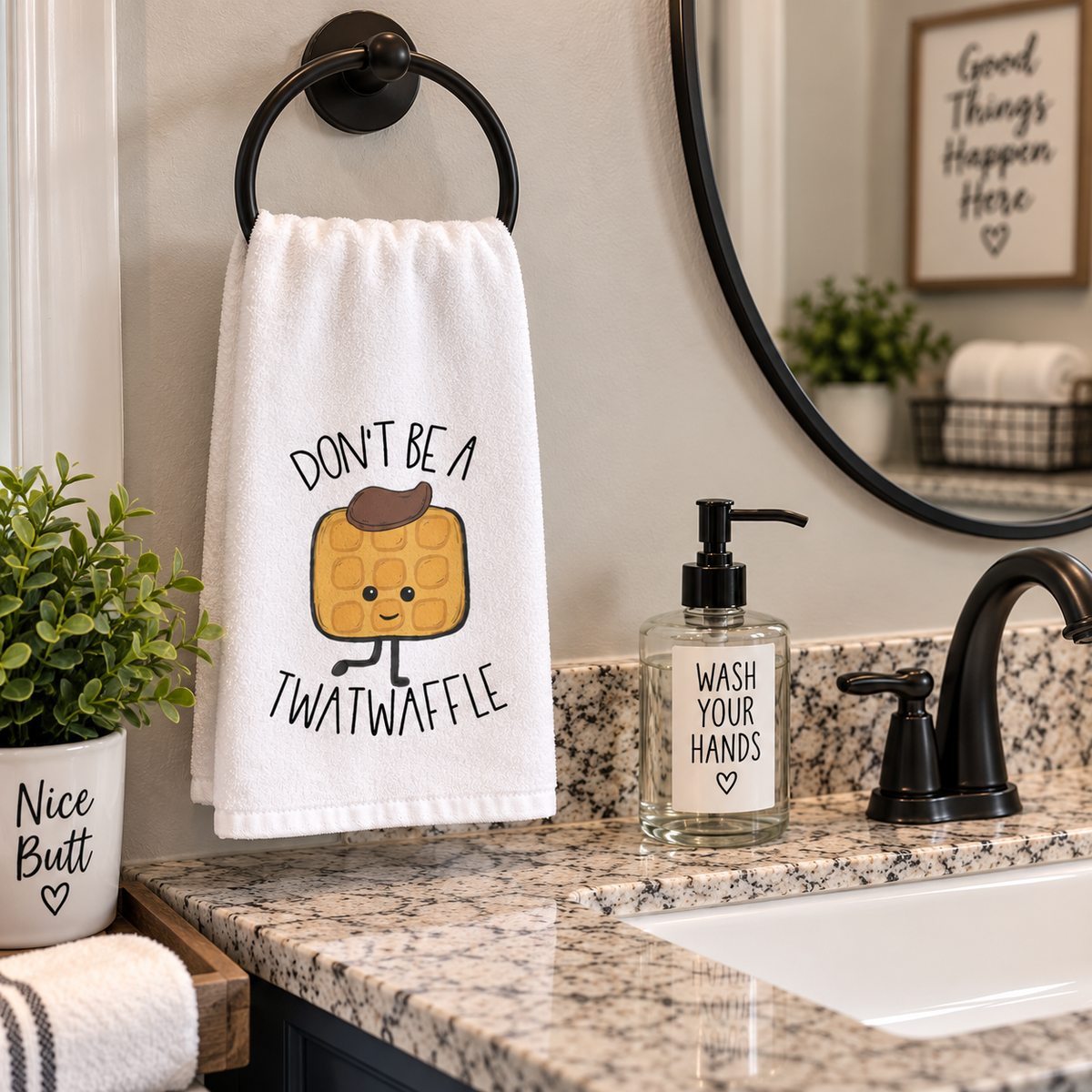 Wafflin’ With Attitude single hand towel featuring cowboy-hat waffle and Don’t Be a Twatwaffle wording, hanging on bathroom towel ring
