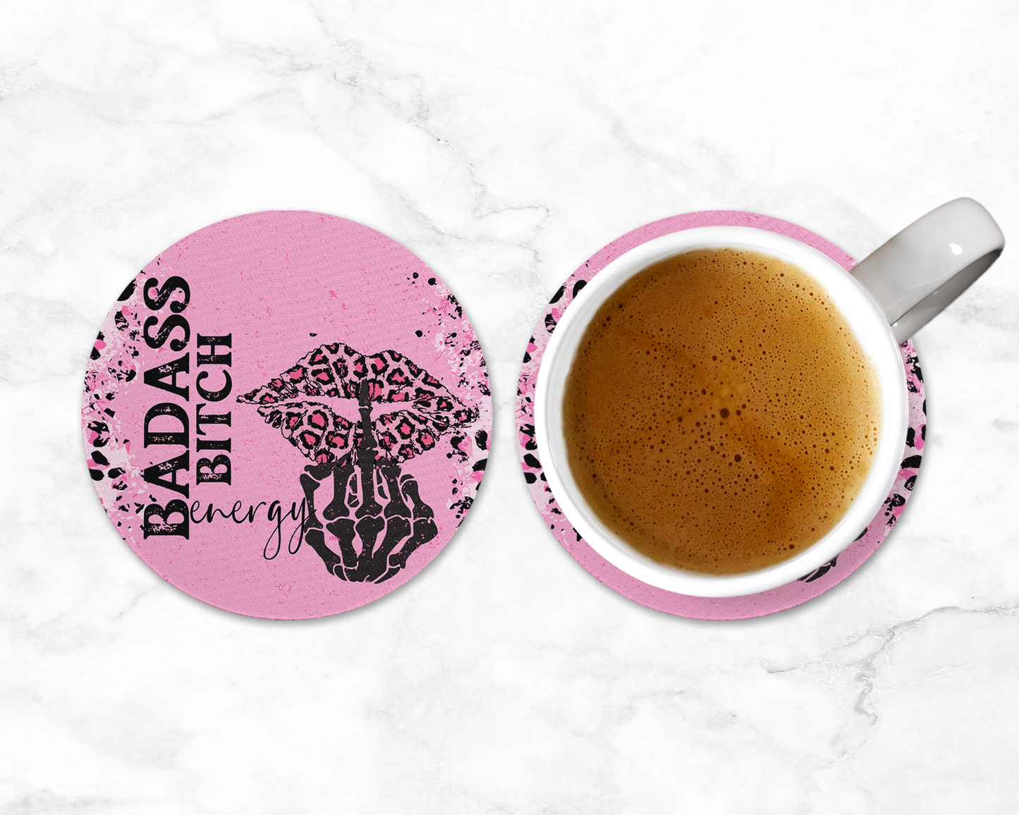 Badass Bitch Energy Coasters - Set of Leopard Print Coasters - Girl Boss Desk Accessories