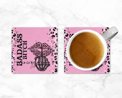 Badass Bitch Energy Coaster - Women Empowerment Coasters - Leopard Print Desk Accessories