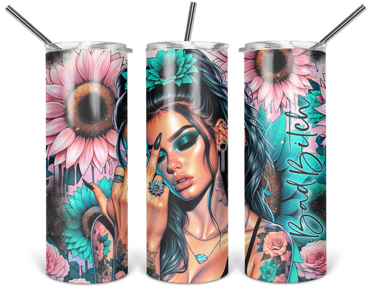 Bad Bitch Energy 20 oz tumbler shown from three angles with tattooed woman with pink-and-teal flowers and bold wording