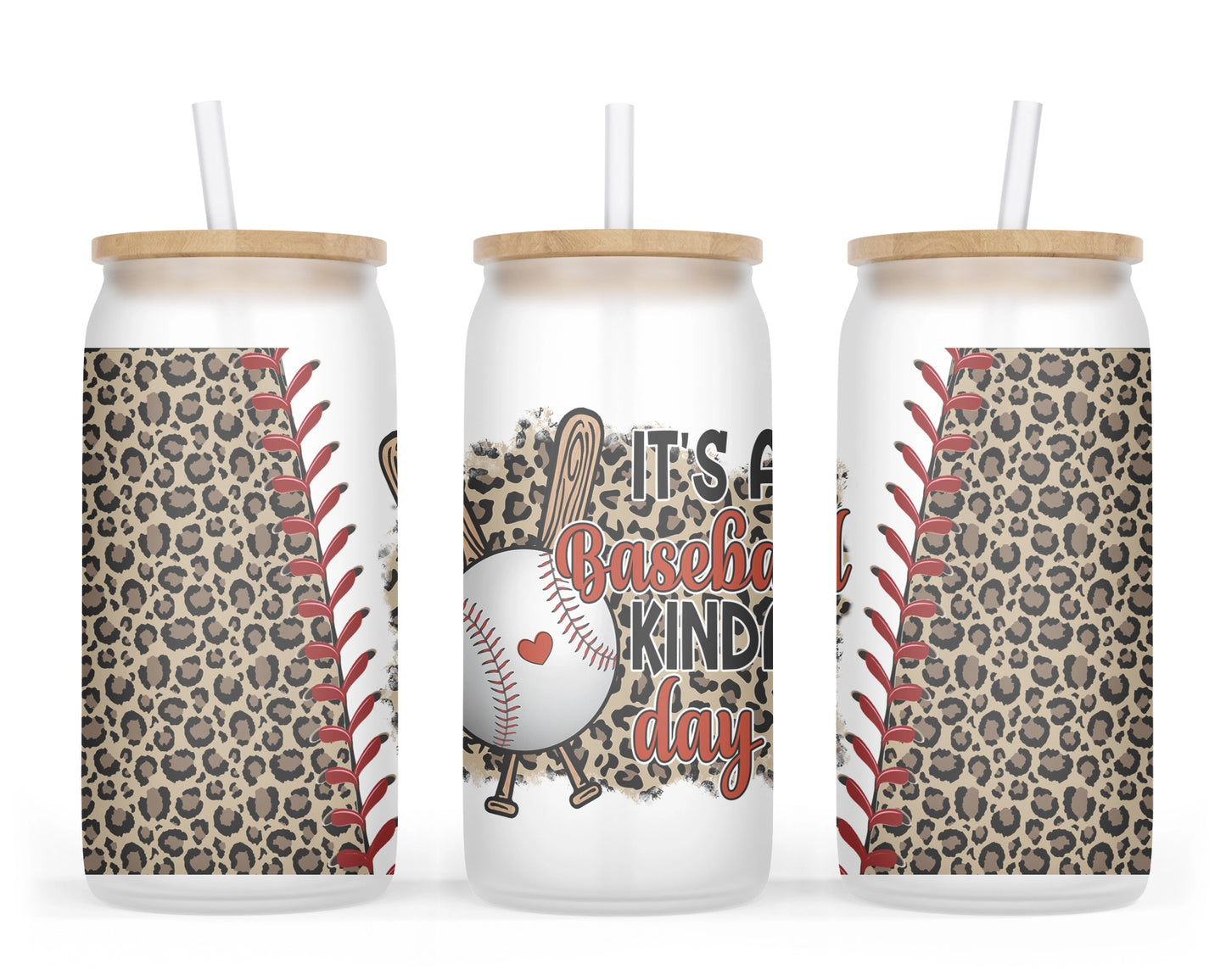 A 16oz frosted glass tumbler with a baseball-themed leopard print design and the words 'It's A Baseball Kinda Day' on it