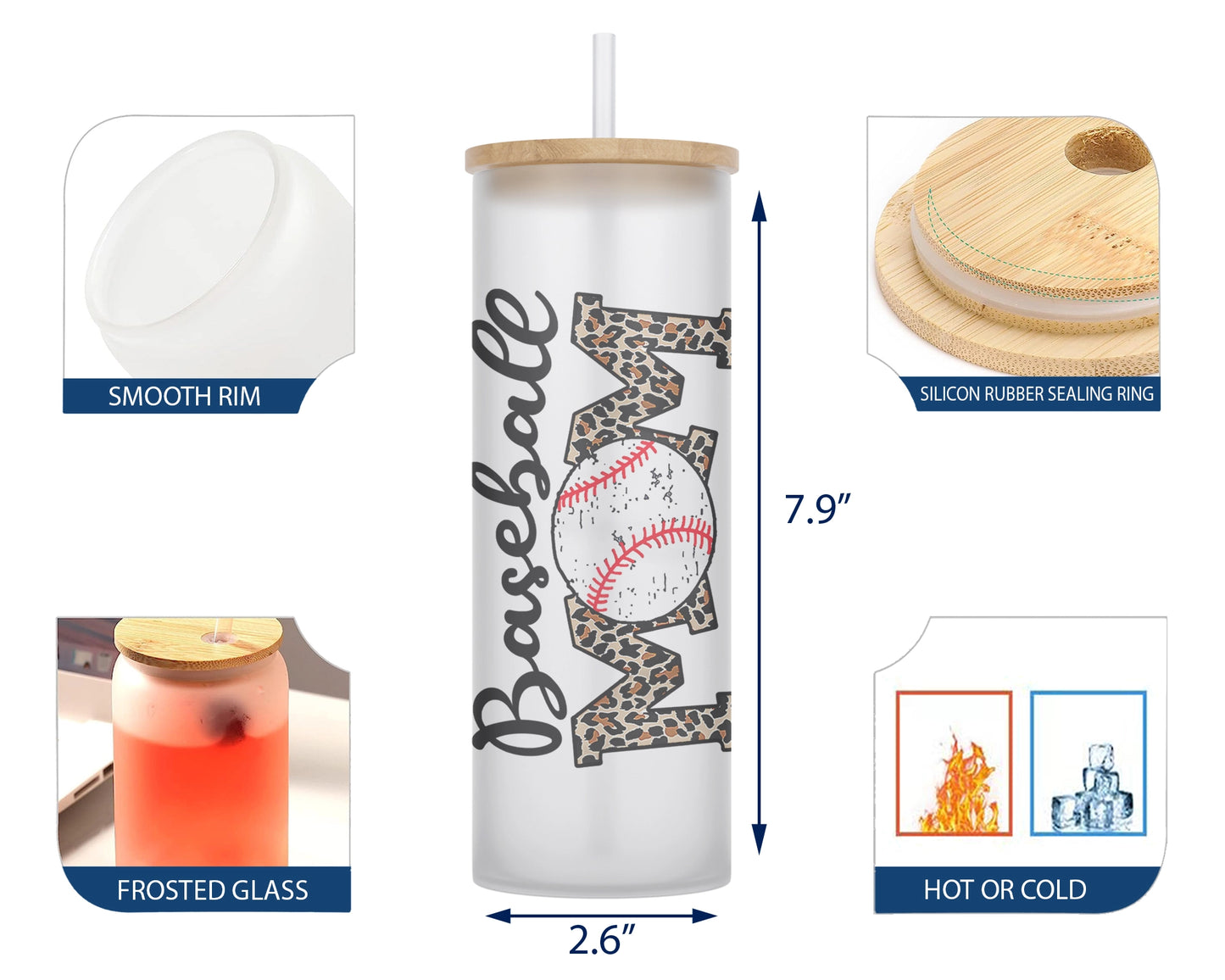 A 25oz frosted glass tumbler with a baseball-themed leopard print design and the words 'baseball mom' on it, with a baseball image replacing the 'o' in mom