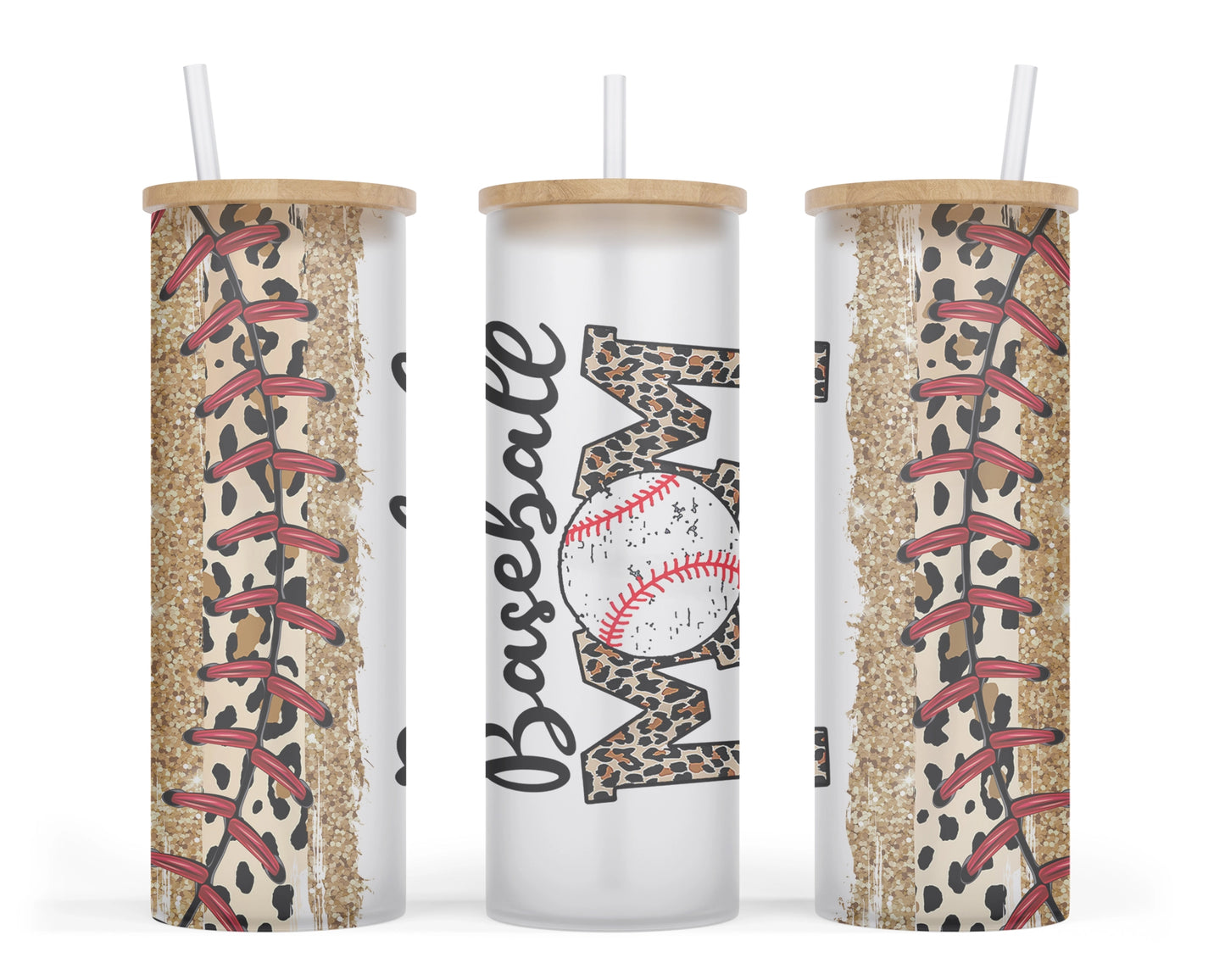 A 25oz glass tumbler with a baseball-themed leopard print design and the words 'baseball mom' on it, with a baseball image replacing the 'o' in mom