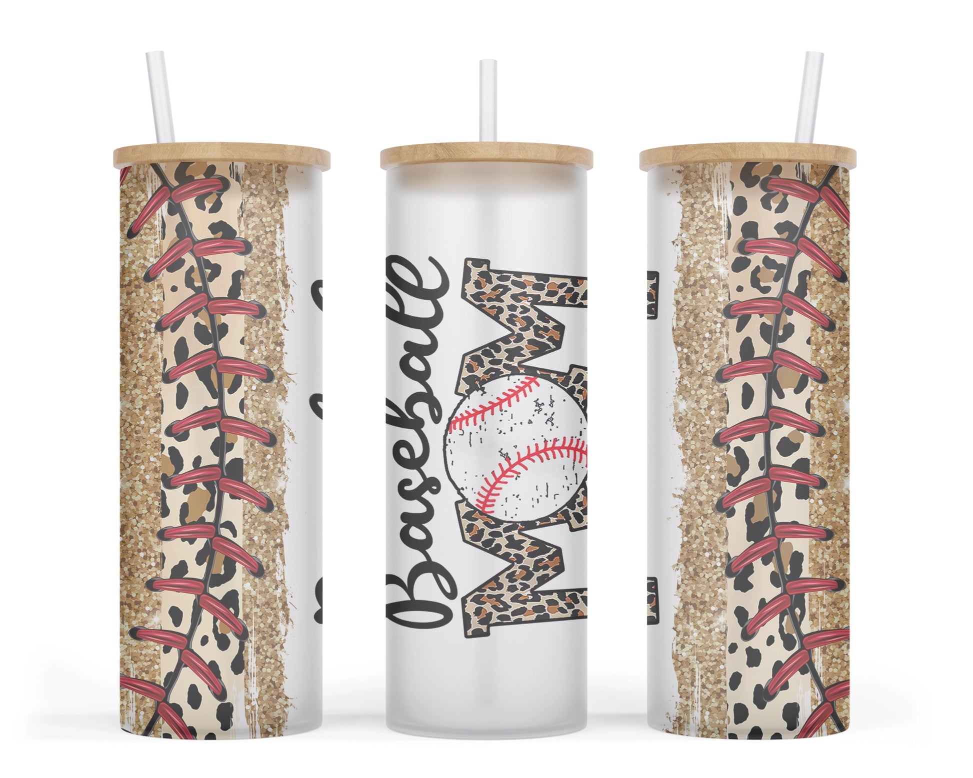 A 25oz glass tumbler with a baseball-themed leopard print design and the words 'baseball mom' on it, with a baseball image replacing the 'o' in mom