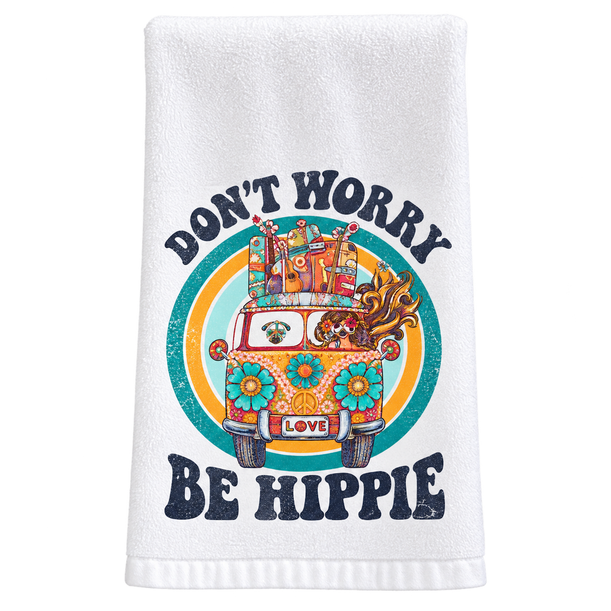 White Don't Worry Be Hippie towel with colorful retro van and flowers