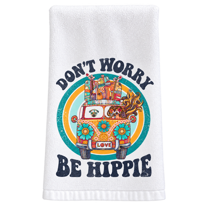 White Don't Worry Be Hippie towel with colorful retro van and flowers