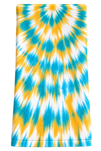 Teal, mustard yellow and white tie-dye towel pattern