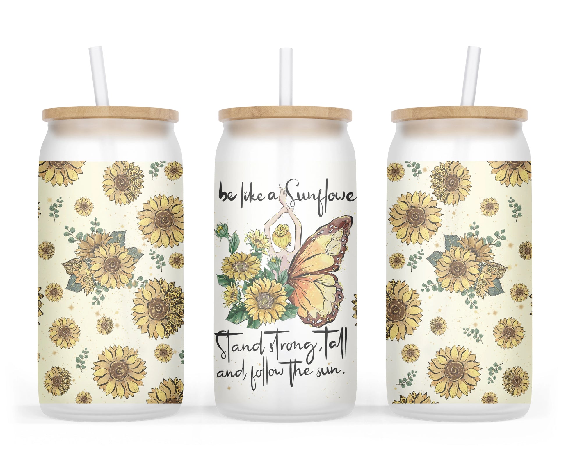 A 16oz frosted glass tumbler featuring a whimsical design of a girl with sunflower wings on one side and butterfly wings on the other, surrounded by sunflowers, with the words 'be like a Sunflower; stand tall and follow the sun