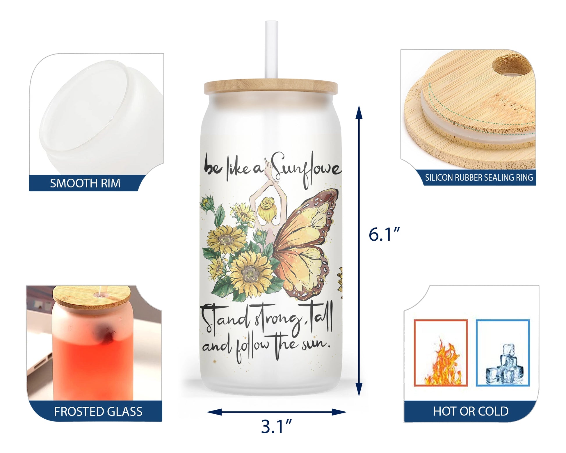 A 16oz glass tumbler featuring a whimsical design of a girl with sunflower wings on one side and butterfly wings on the other, surrounded by sunflowers, with the words 'be like a Sunflower; stand tall and follow the sun