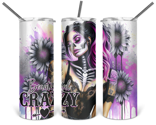 Beautiful Crazy 20 oz tumbler shown from three angles with pink-haired woman with skeleton makeup and dark flowers