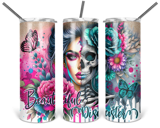 Three views of the 20 oz tumbler featuring Beautiful Disaster skull portrait, pink and teal flowers, and butterflies on a white background