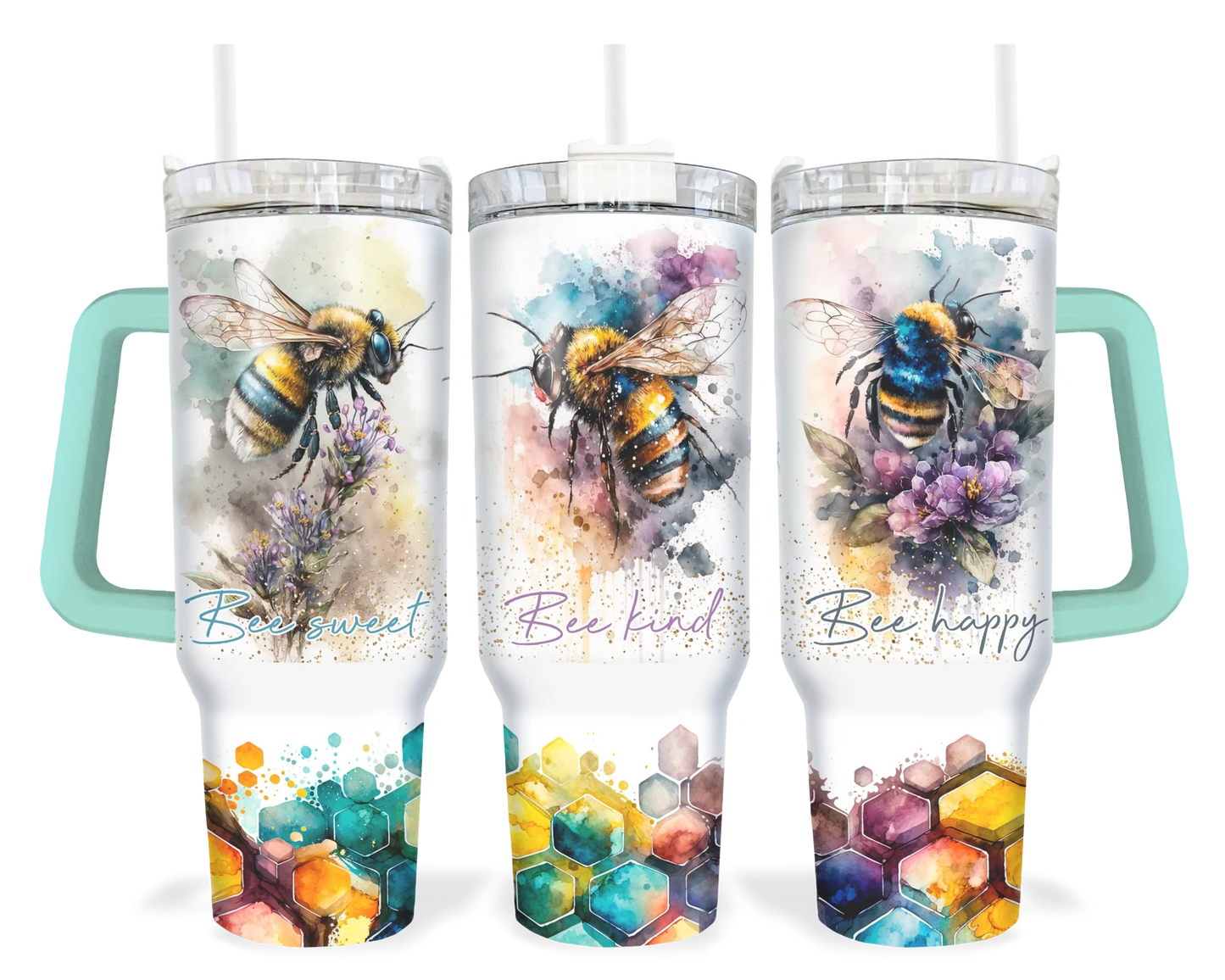 Bee Kind Tumbler - Colorful Honeycomb 40oz Tumbler With Handle - Inspirational Gift