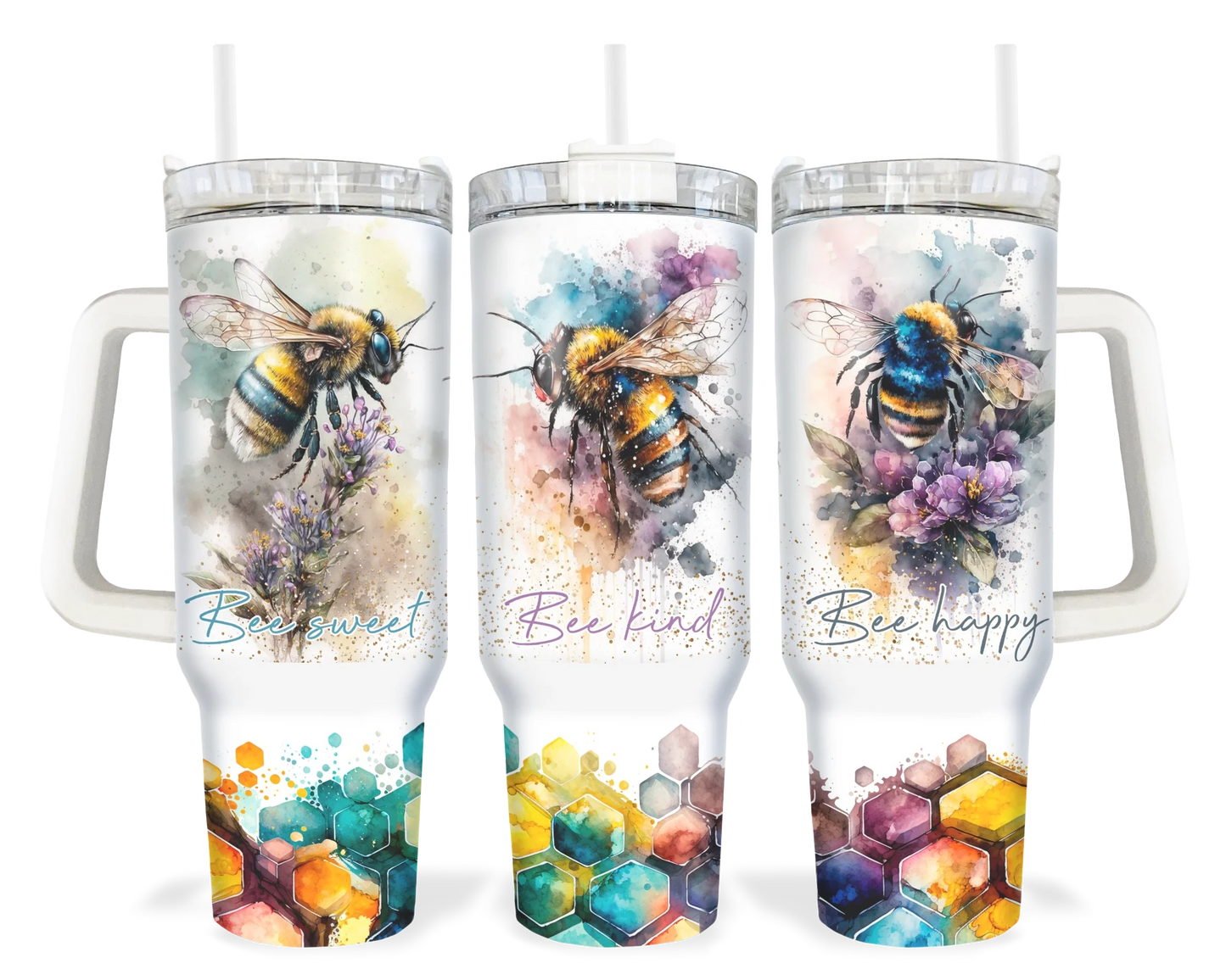 Bee Kind Tumbler - Colorful Honeycomb 40oz Tumbler With Handle - Inspirational Gift