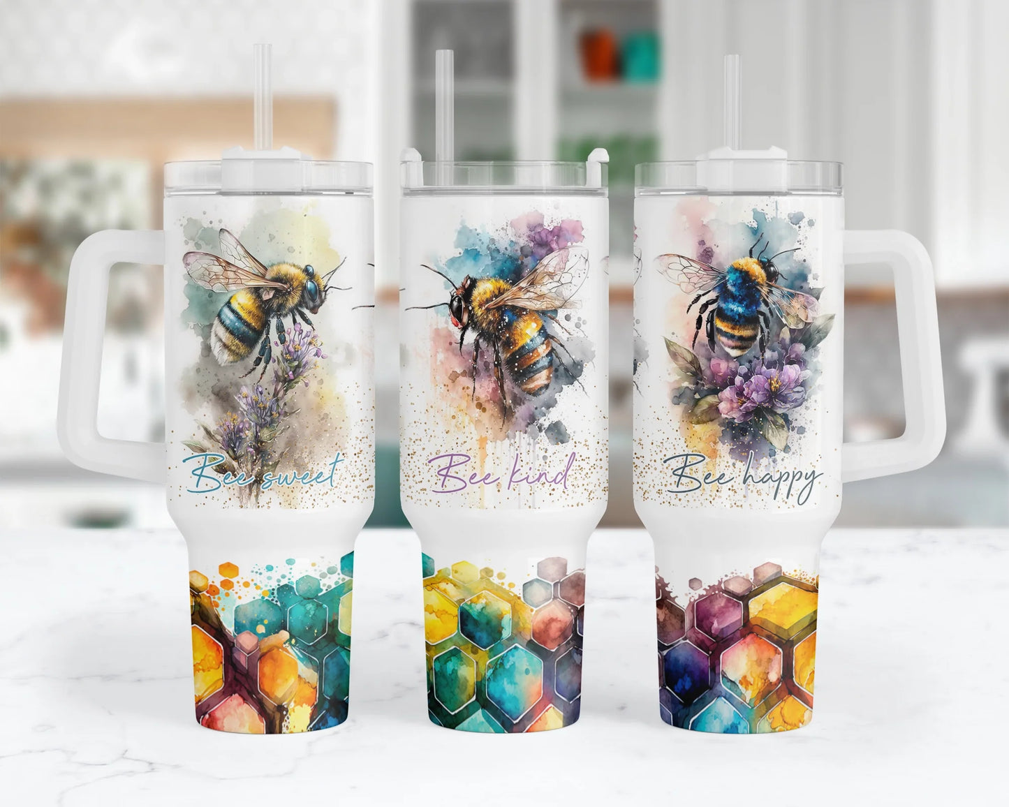 Bee Kind Tumbler - Colorful Honeycomb 40oz Tumbler With Handle - Inspirational Gift