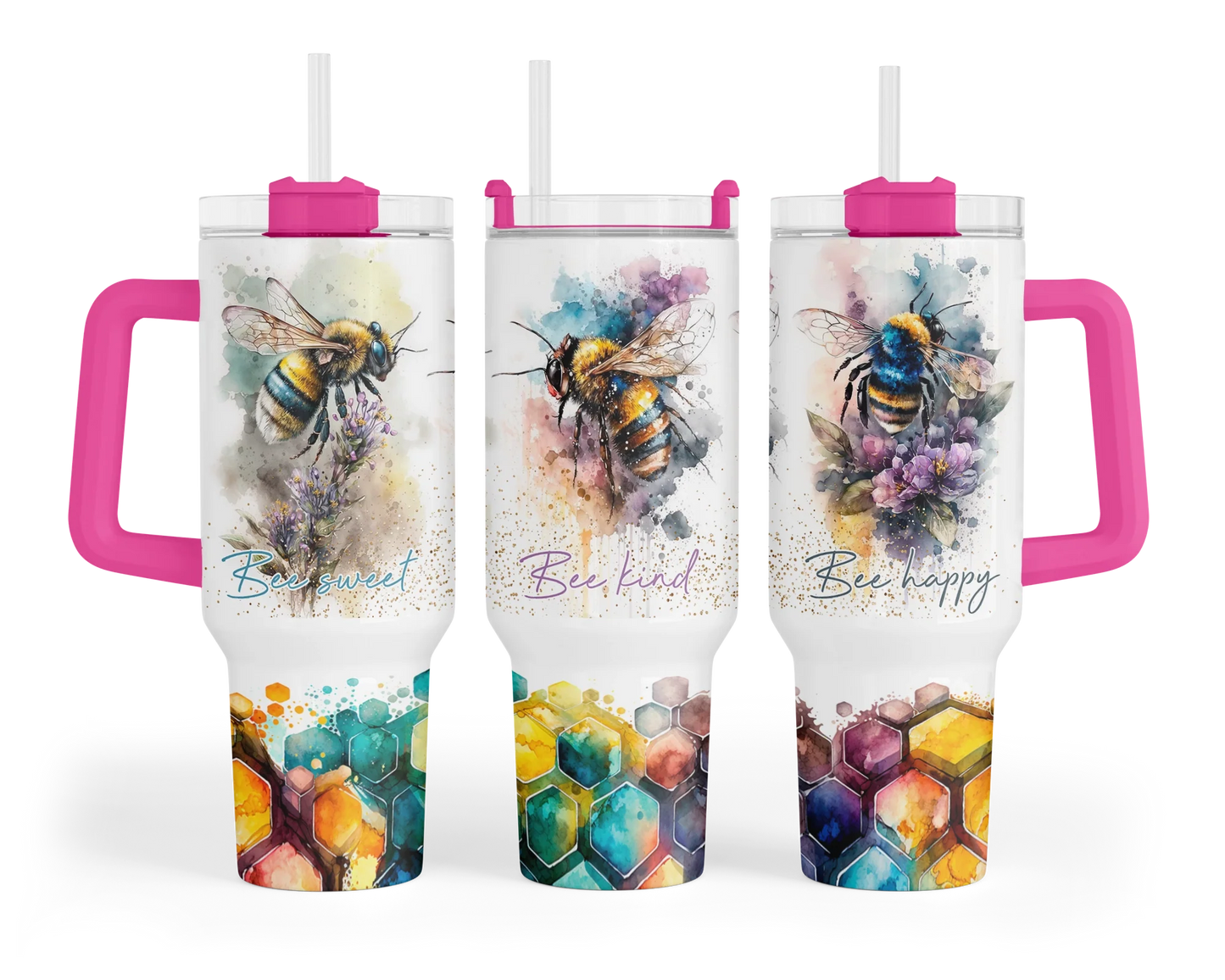 Bee Kind Tumbler - Colorful Honeycomb 40oz Tumbler With Handle - Inspirational Gift