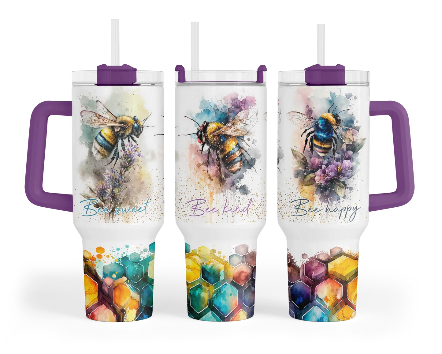 Bee Kind Tumbler - Colorful Honeycomb 40oz Tumbler With Handle - Inspirational Gift