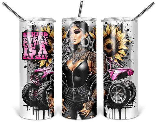 Baddie With a Car Seat 20 oz tumbler shown from three angles with tattooed woman, pink off-road vehicle and golden sunflowers