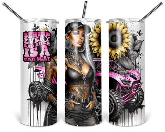 Three views of the 20 oz tumbler featuring Behind Every Bad Bitch Is a Car Seat artwork with a woman, sunflowers, and pink off-road vehicle on a white background