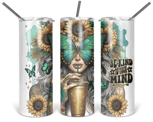 Be Kind to Your Mind 20 oz tumbler shown from three angles with silver-haired woman, teal butterflies and golden sunflowers