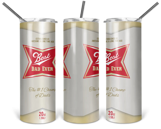 Three views of the Best Dad Ever 20 oz tumbler with a red label, gold accents and silver background, displayed on white.