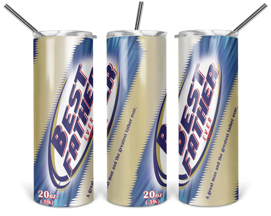 Three views of the 20 oz tumbler featuring Best Father Ever blue-and-gold beverage-can artwork on a white background