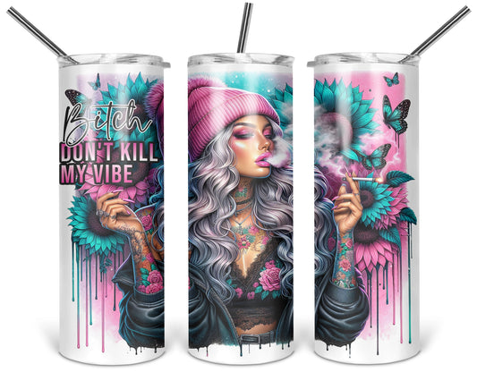 Three views of the 20 oz tumbler featuring Don't Kill My Vibe woman in a pink beanie with teal flowers and butterflies on a white background