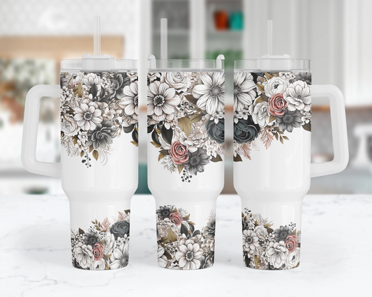 Midnight Blossom Tumbler - 40oz Floral Tumbler With Handle - Gift For Her