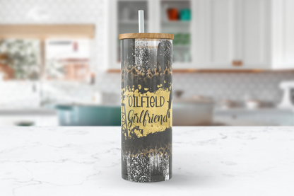 A sassy 25oz frosted glass tumbler adorned with a fierce leopard print and bold 'Black Gold Babe' oilfield design. Perfect for the ultimate Oilfield Girlfriend, this tumbler exudes attitude and style.  #BlackGoldBabe #LeopardPrintTumbler #OilfieldGirlfriend