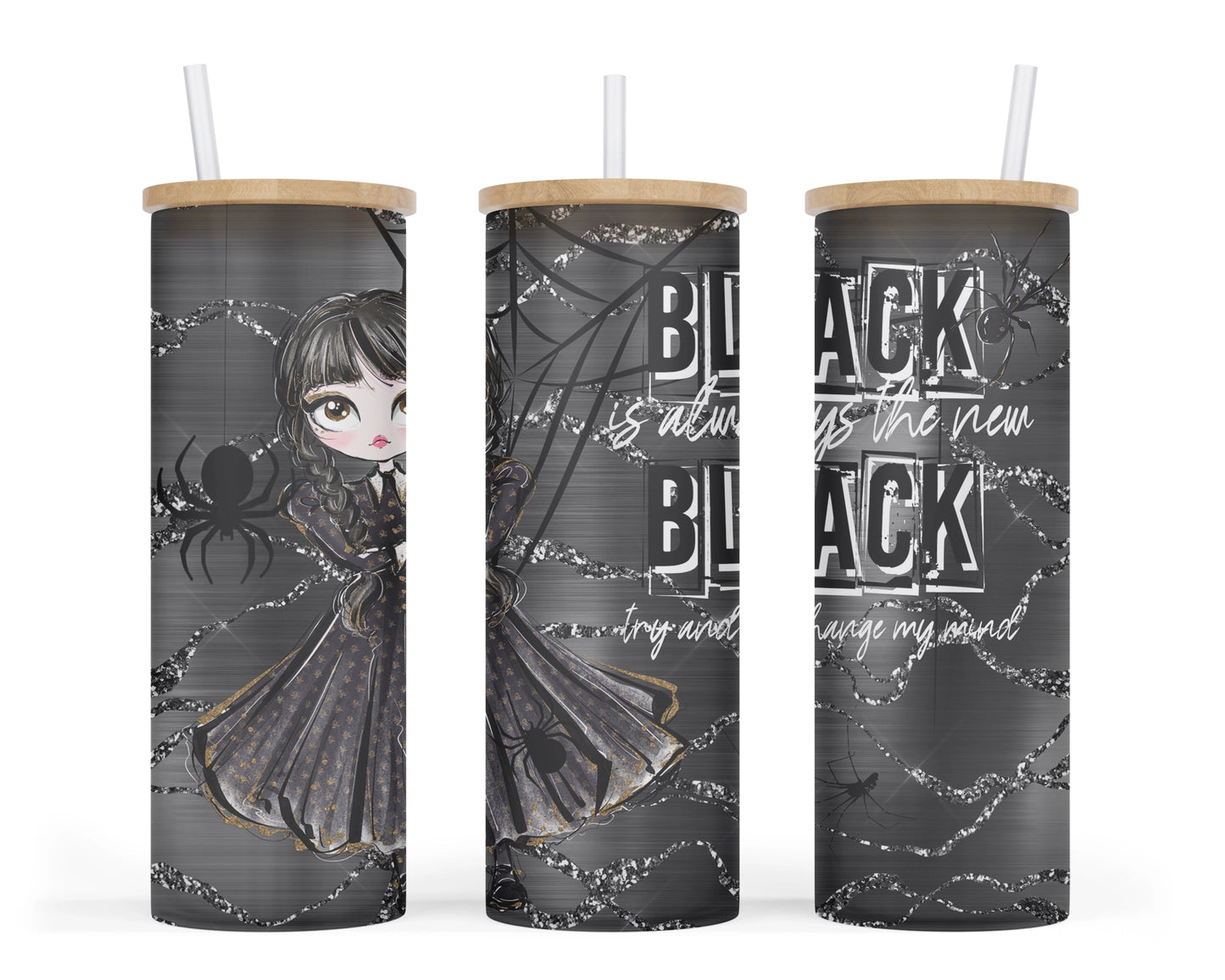 A 25oz frosted glass tumbler featuring a cartoon gothic girl surrounded by darkness, accompanied by a spider and web, with the text 'Black Is Always The New Black' boldly displayed