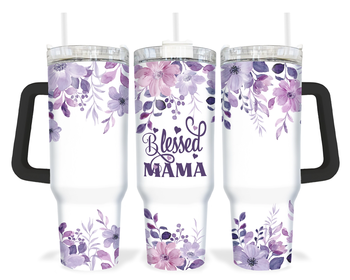 A 40oz tumbler with a black handle featuring a purple floral design and the words 'Blessed Mama'