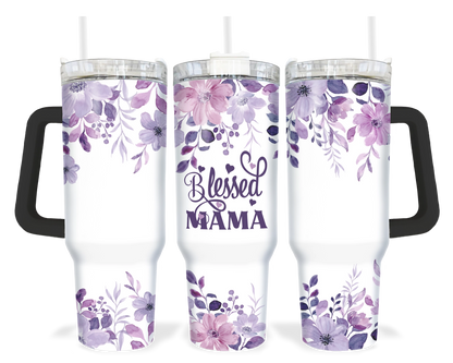 A 40oz tumbler with a black handle featuring a purple floral design and the words 'Blessed Mama'