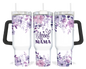 A 40oz tumbler with a black handle featuring a purple floral design and the words 'Blessed Mama'