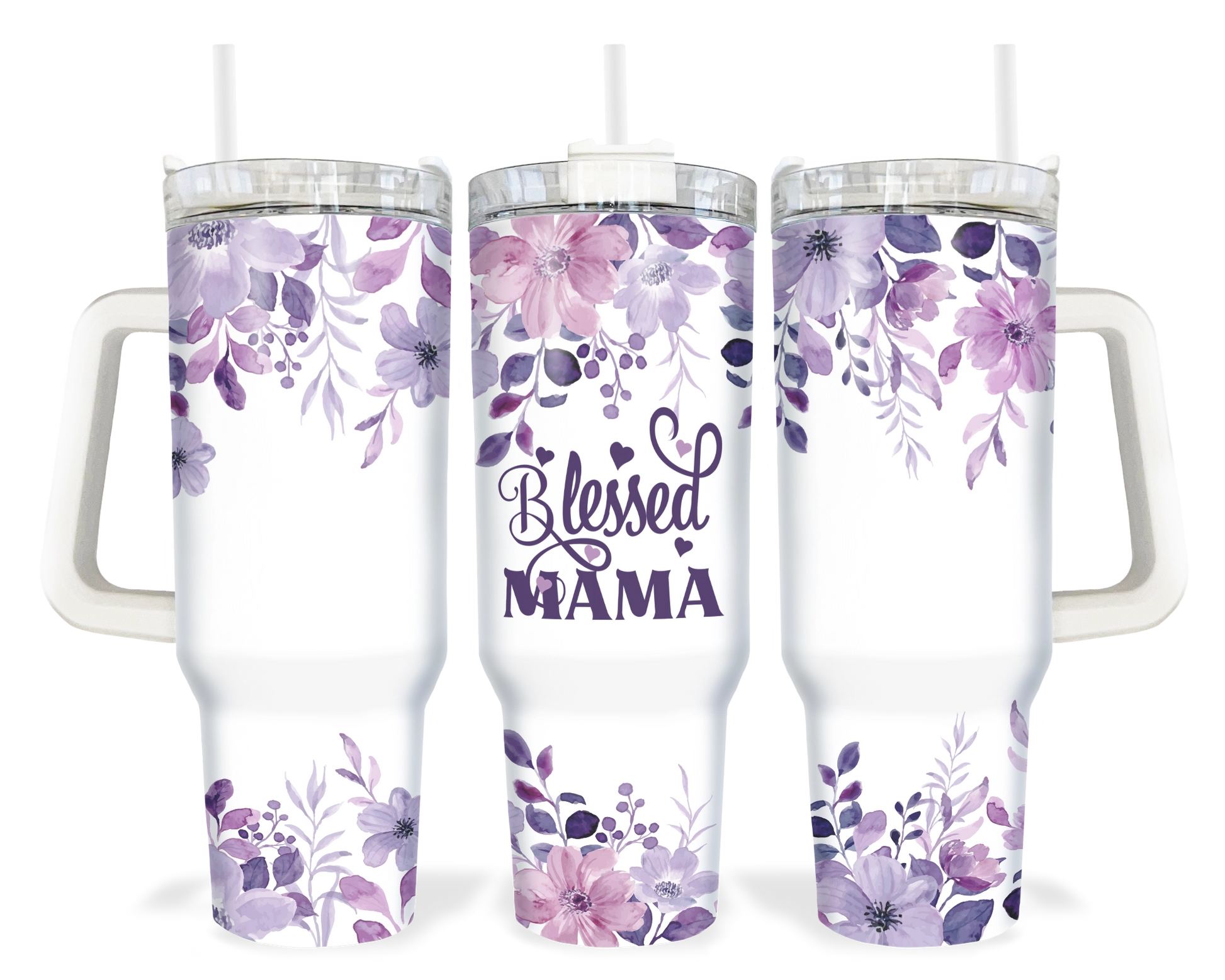 A 40oz tumbler with a white handle featuring a purple floral design and the words 'Blessed Mama'