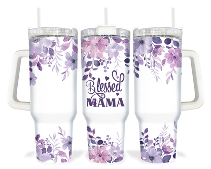 A 40oz tumbler with a white handle featuring a purple floral design and the words 'Blessed Mama'