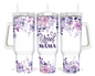 A 40oz tumbler with a white handle featuring a purple floral design and the words 'Blessed Mama'