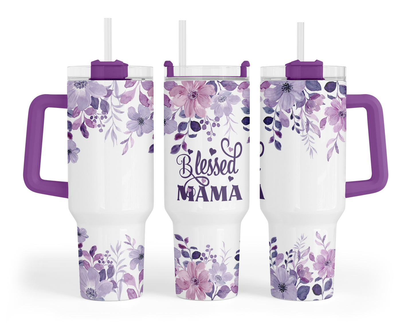 A 40oz tumbler with a purple handle featuring a purple floral design and the words 'Blessed Mama'