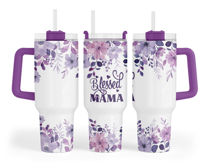 A 40oz tumbler with a purple handle featuring a purple floral design and the words 'Blessed Mama'