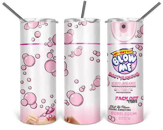 Three views of the 20 oz tumbler featuring Bubblegum & Bad Decisions pink bubbles and humorous spray-can artwork on a white background