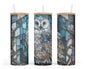  A 25oz frosted glass tumbler with a blue and white stained glass design featuring an owl perched on a branch.