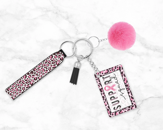 Support Squad Wristlet - Cancer Awareness Keychain - Pink Leopard Print Lanyard