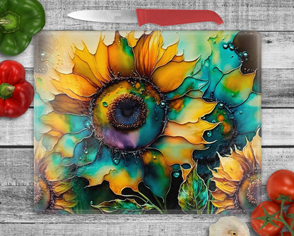 Brilliant Blooms Cutting Board - Tempered Glass Chopping Board - Sunflower Home Decor