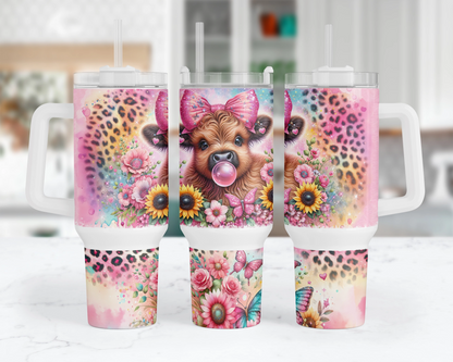 Bubble Bliss Highland Cow Tumbler  -  Cute 40oz Sunflowers and Leopard Print Tumbler With Handle - Gift For Cow Lovers