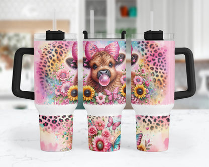 Bubble Bliss Highland Cow Tumbler  -  Cute 40oz Sunflowers and Leopard Print Tumbler With Handle - Gift For Cow Lovers